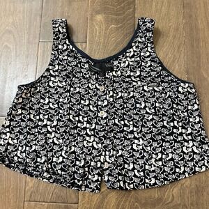 Vans Tank Top Womens Size M Black & White Bird Print Cropped Button Front
